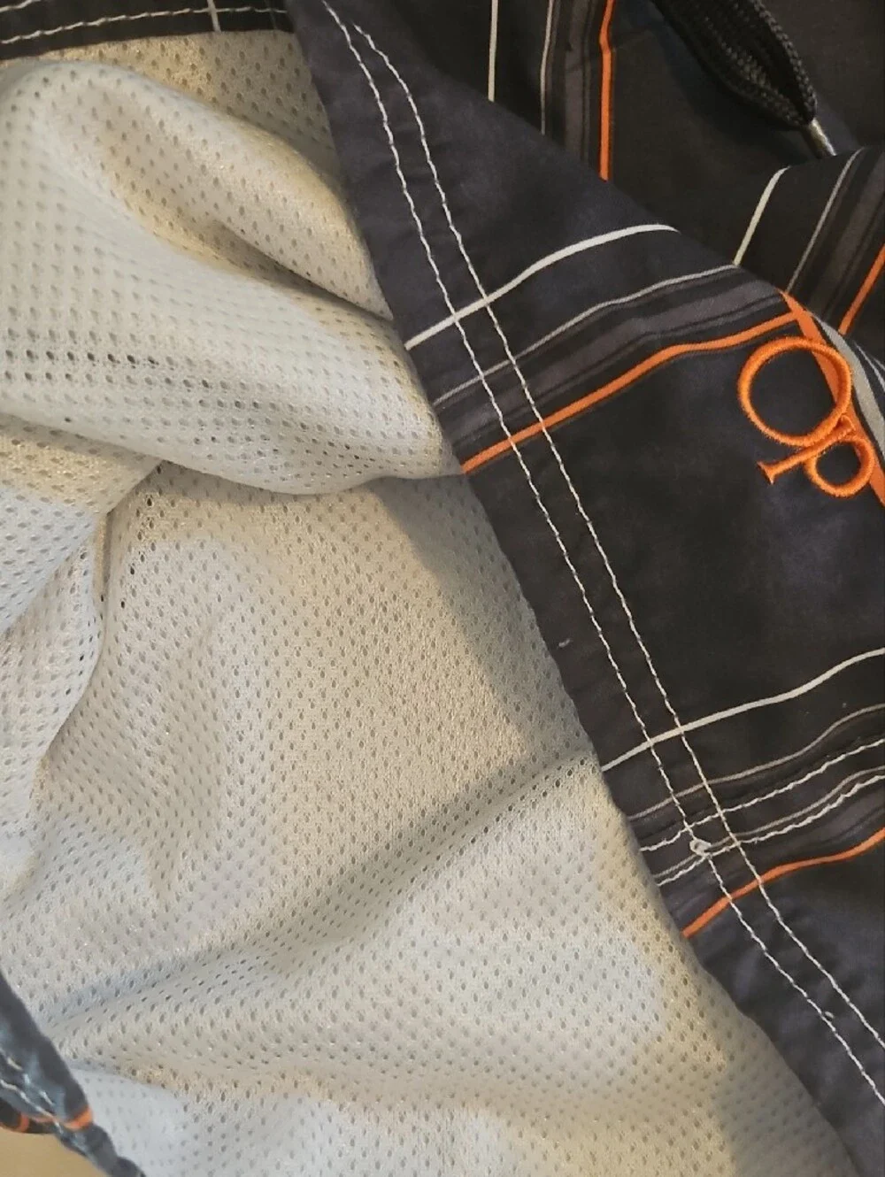 OP Men Swim Trunks Navy with Orange and White Plaid